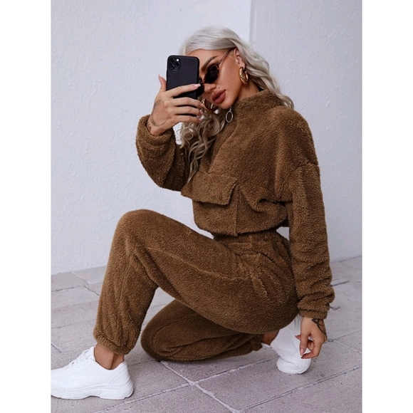 Drop shoulder half zipper placket teddy pullover & pants set ☕ - Picture 3 of 7